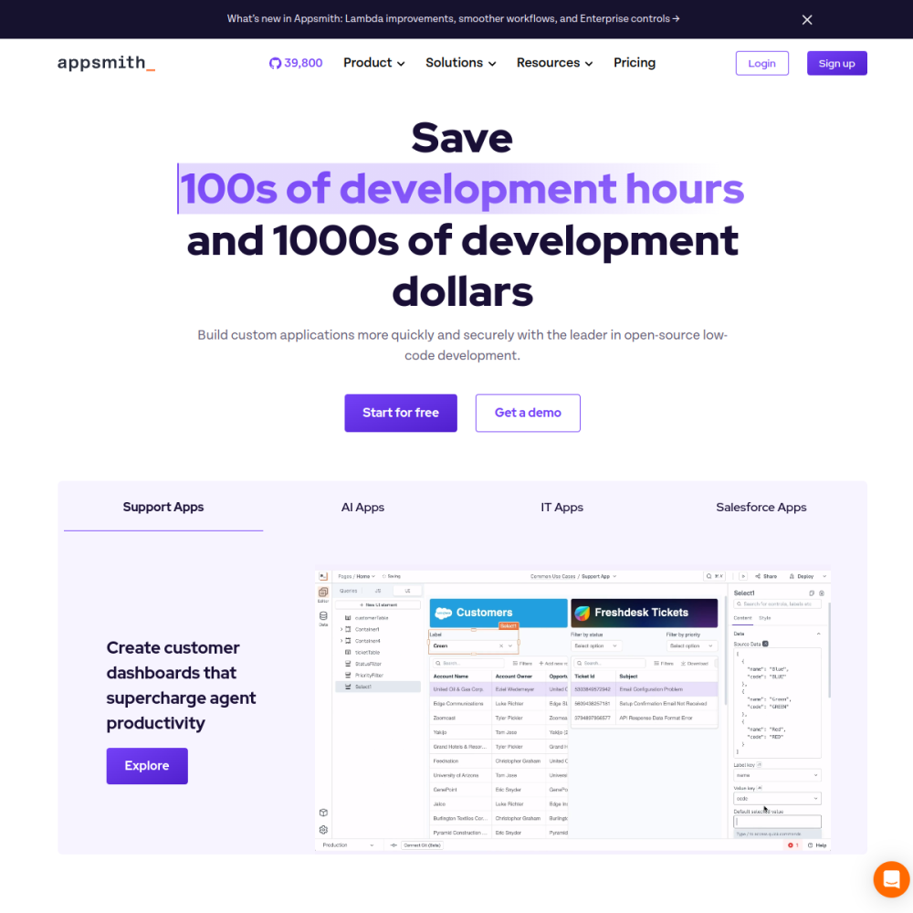 Screenshot of Appsmith website