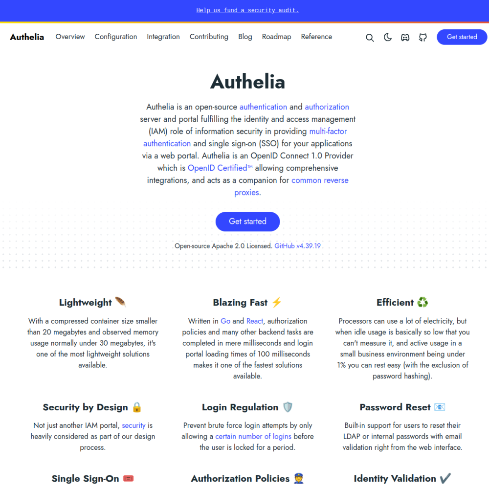 Screenshot of Authelia website
