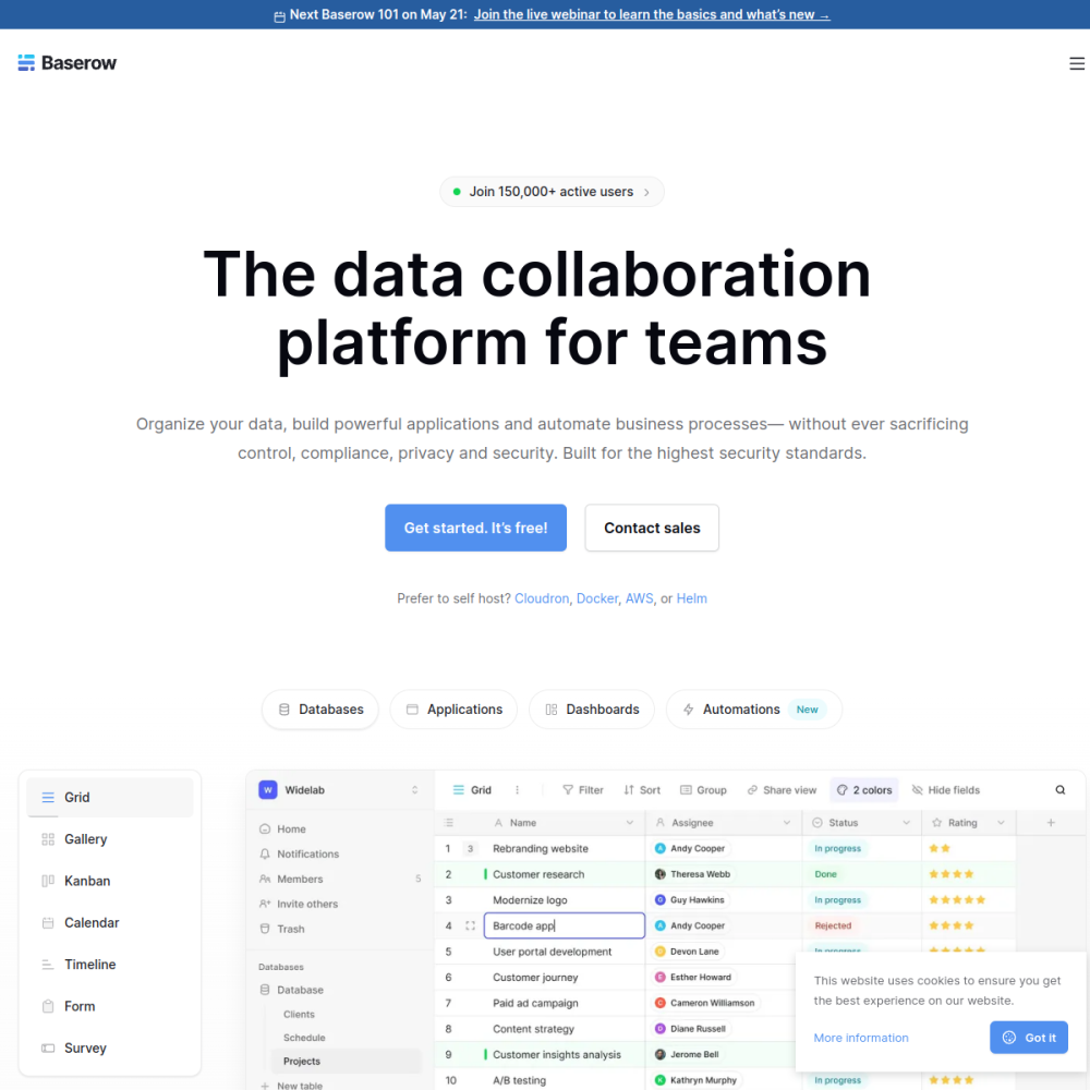 Screenshot of Baserow website