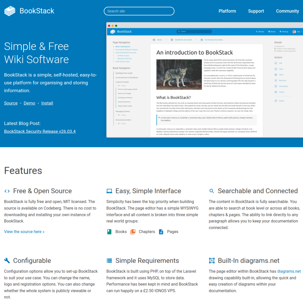 Screenshot of BookStack website