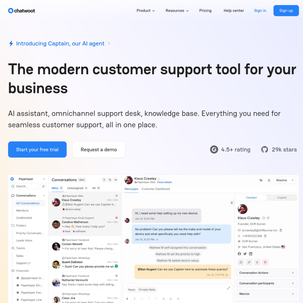 Screenshot of Chatwoot website