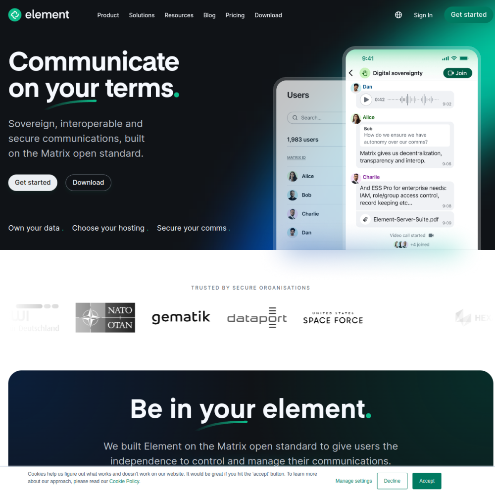 Screenshot of Element + Matrix Synapse website
