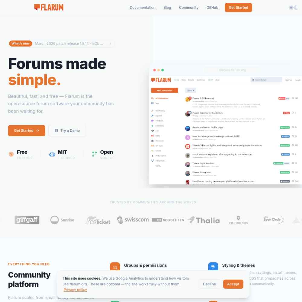 Screenshot of Flarum website