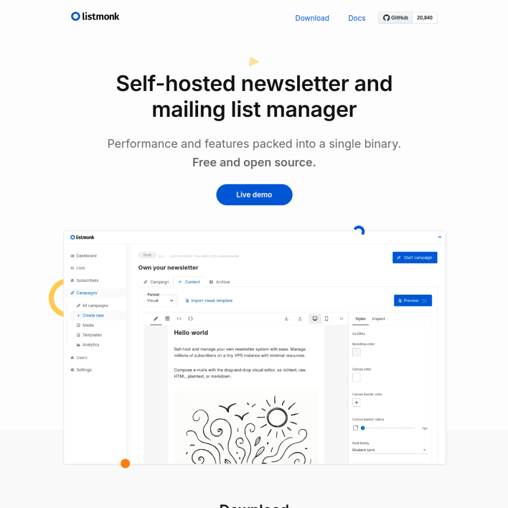 Screenshot of Listmonk website