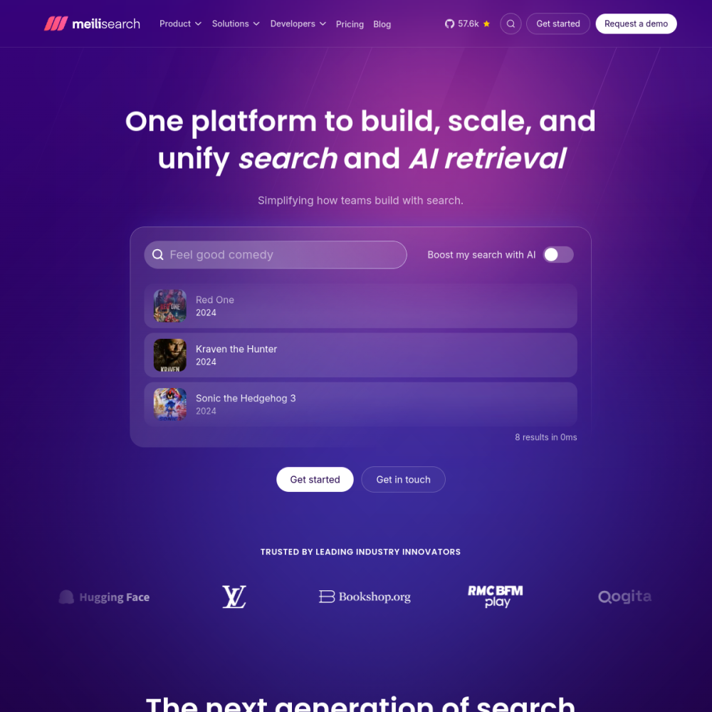 Screenshot of Meilisearch website