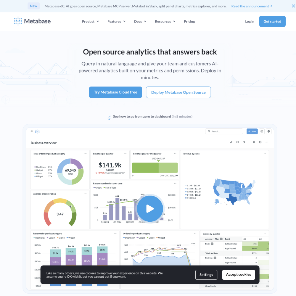 Screenshot of Metabase website