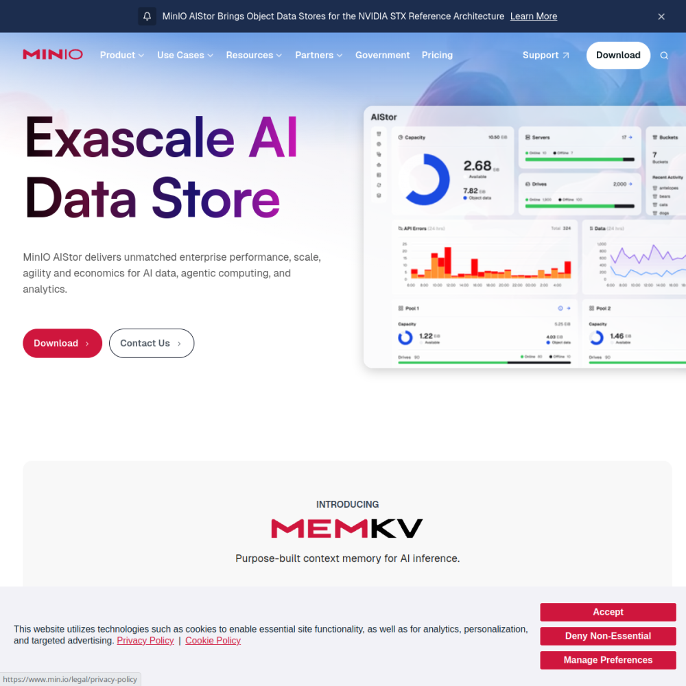 Screenshot of MinIO website