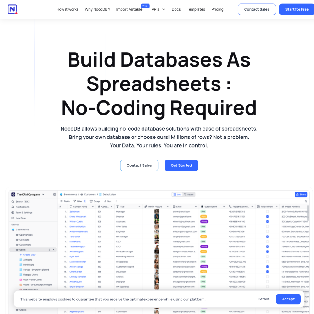 Screenshot of NocoDB website
