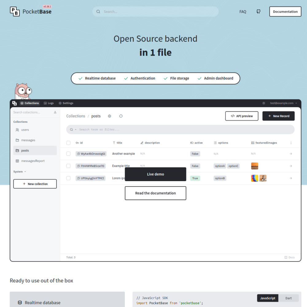 Screenshot of PocketBase website