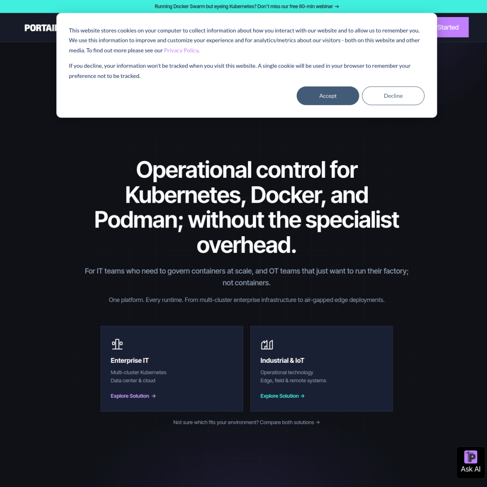 Screenshot of Portainer CE website