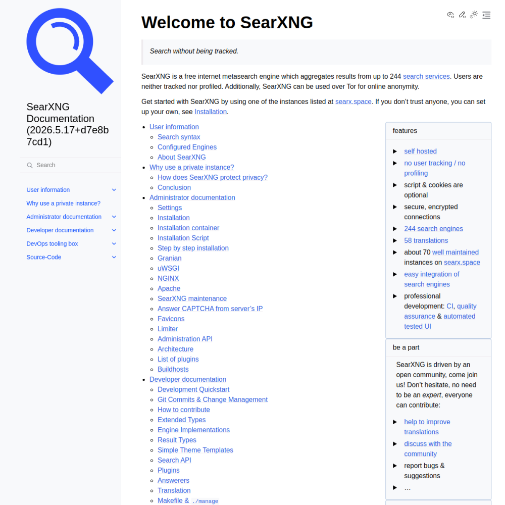 Screenshot of SearXNG website