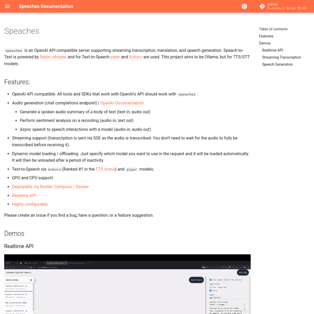 Screenshot of Speaches website