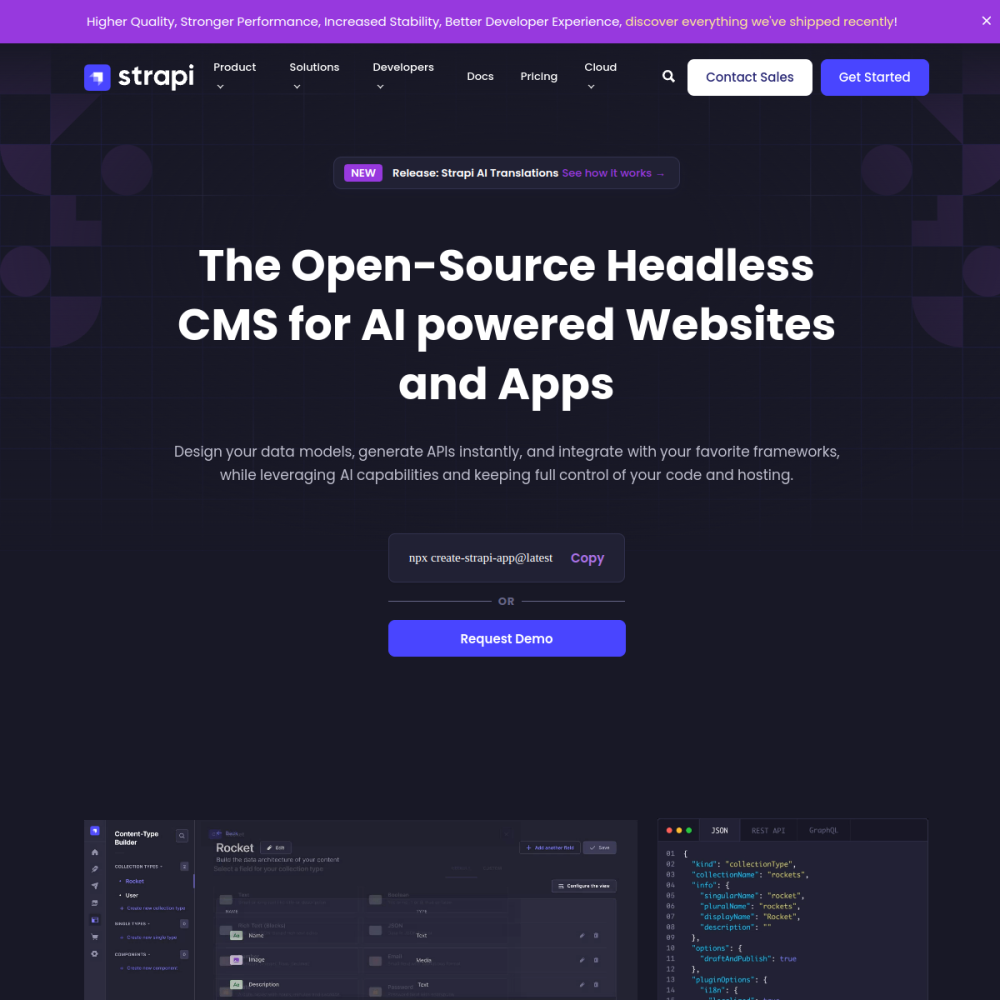 Screenshot of Strapi website