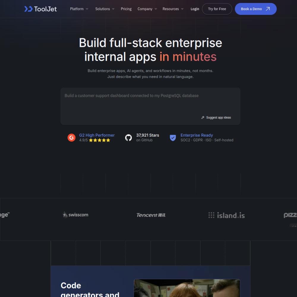 Screenshot of ToolJet website