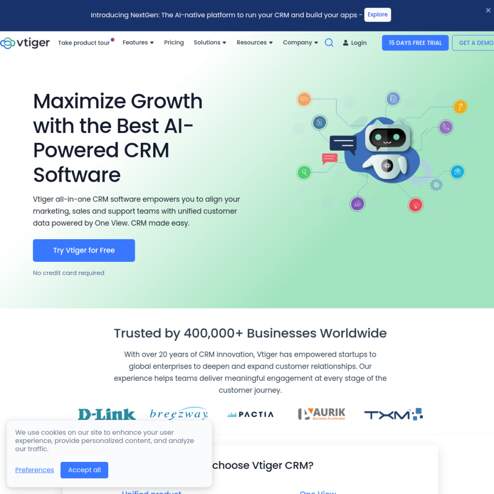 Screenshot of Vtiger CRM website