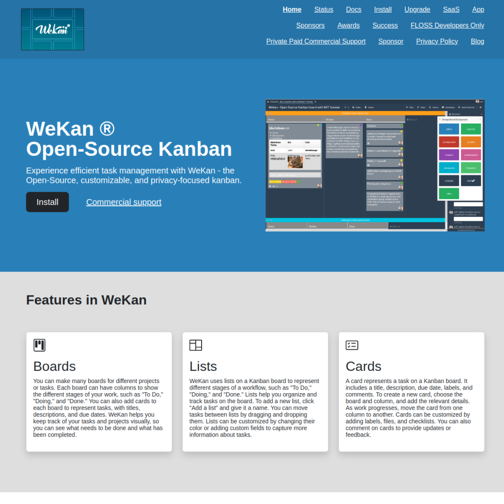 Screenshot of Wekan website