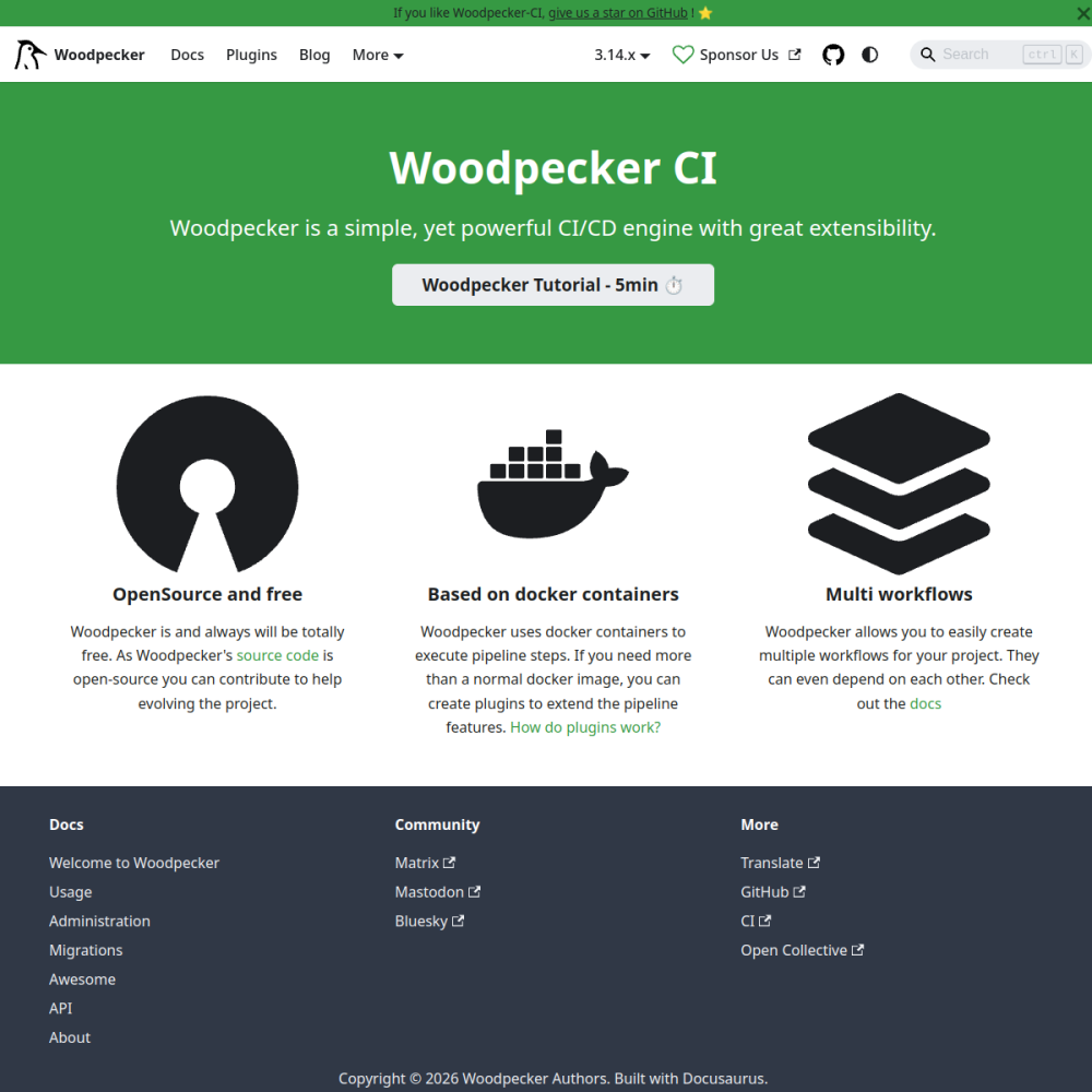 Screenshot of Woodpecker CI website